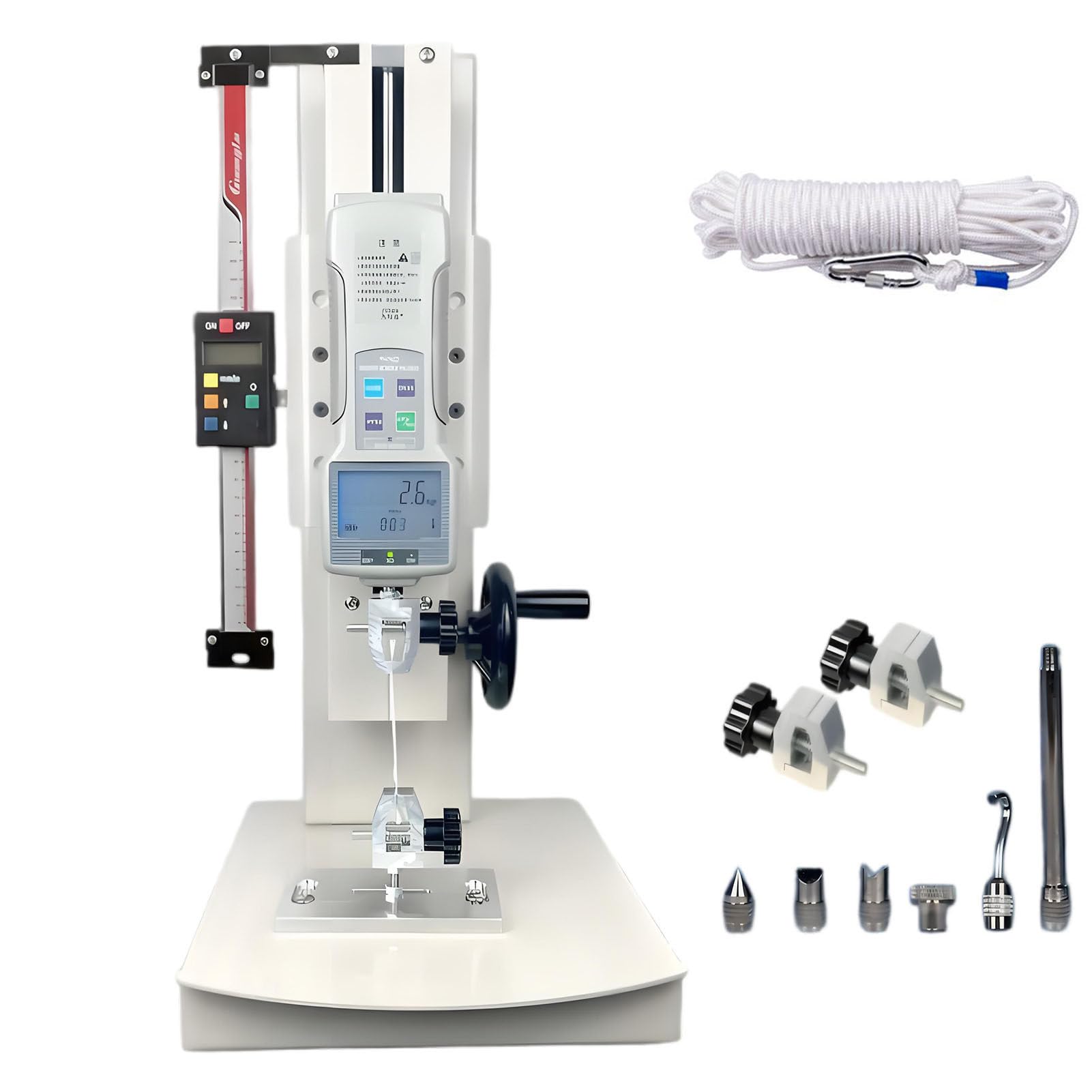 Tensile Testing Machine, 10-2000N Digital Tensile Pressure Tester with 5 Probes, 270 Trips Hand Crank Vertical Tensile Test Bench for Textiles, Sports, Scientific Research, Fishing WithRuler-200N