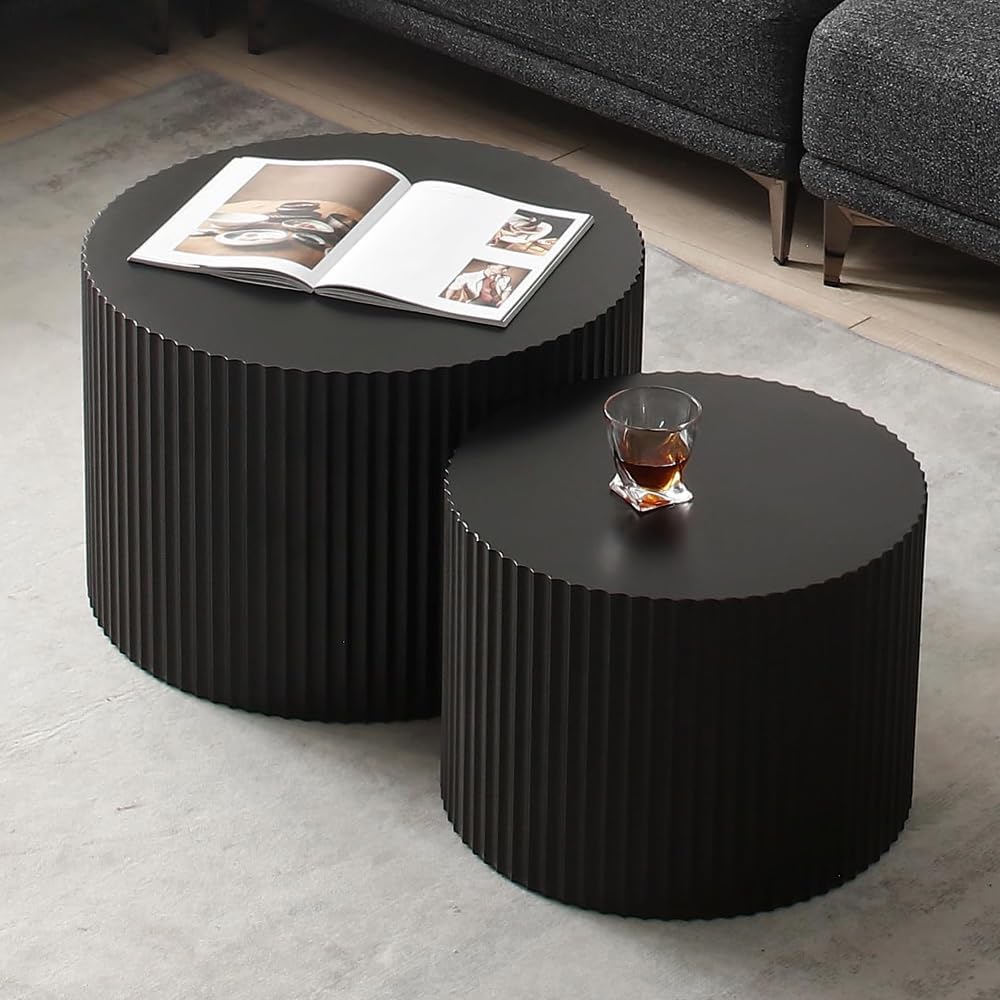 Black Nesting Coffee Table Set of 2 Modern Round Fluted Coffee Table ...