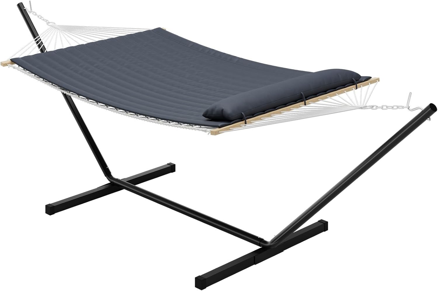 Premium Double Hammock with Stand - Heavy Duty 450LBS Capacity, Quilted Cushion & Storage Net for Backyard, Patio, Camping Indoor/Outdoor Use,Dark Gray