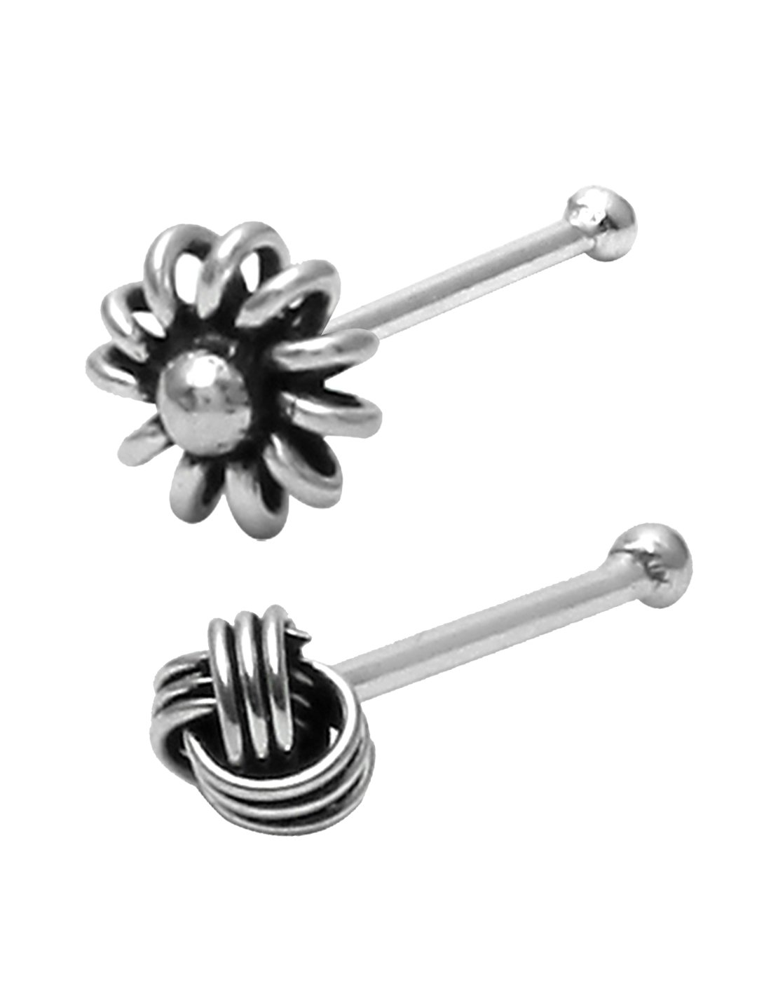 abhooshanNew Tiny Flower Shaped AND Knot Shaped both Antique & 3mm bone type Nose Pin in 92.5 Oxidized Silver for girls/women Piercing for Helix Cartilage Lobe Tragus