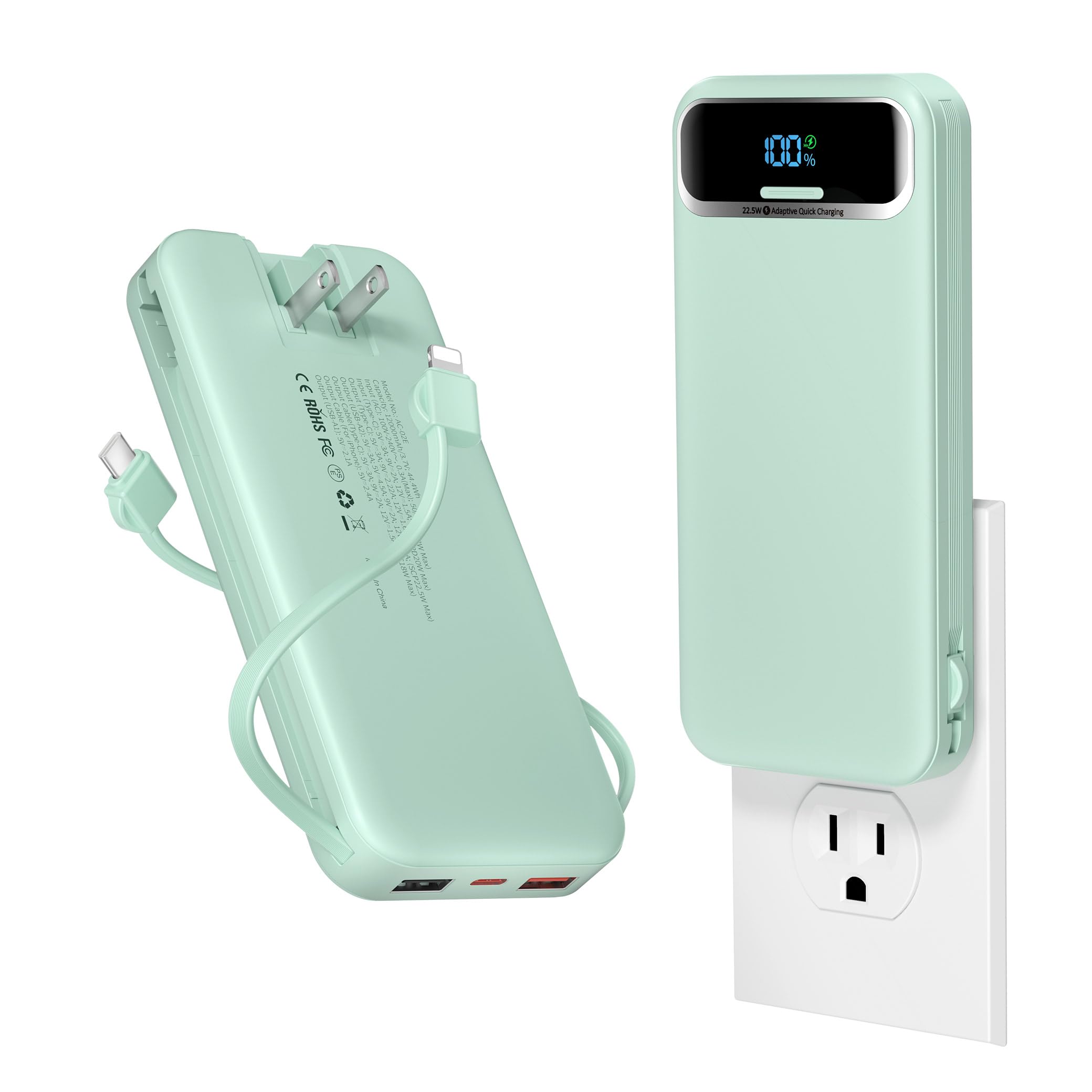 12000mAh Lightweight-Portable-Charger-Power-Bank with Built-in Cables and AC Wall Plug, PD20W USB-C Fast Charging Battery Pack, LED Display External
