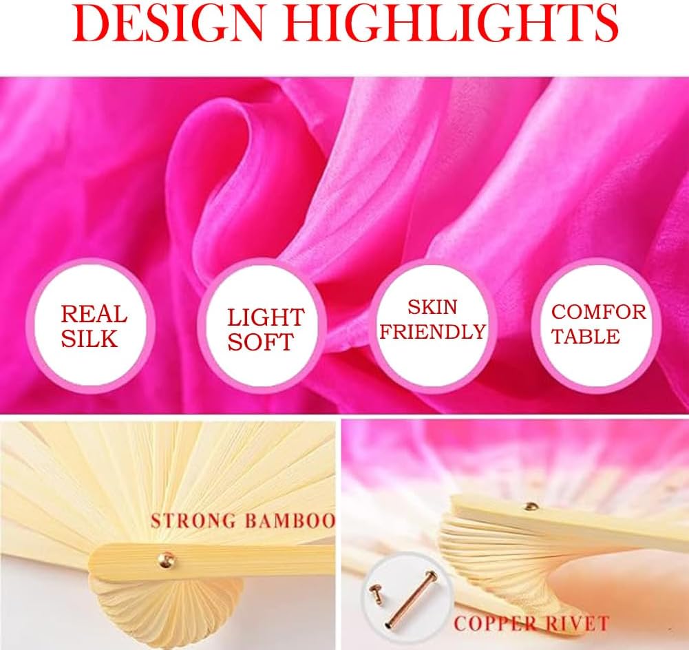 Nimiman Women Real Silk 1 Pair 40cm(15.7") Colorful Belly Dancing Silk Bamboo Veils Dance Short Fan Veil Gradient Color - Image 4