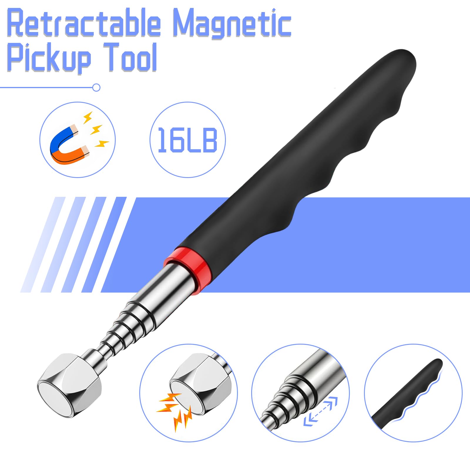 Juego Telescópico de 3 Piezas Recogedores Magnéticos para Tornillos y Objetos Metálicos 1,5 lb/8 lb/16 lb