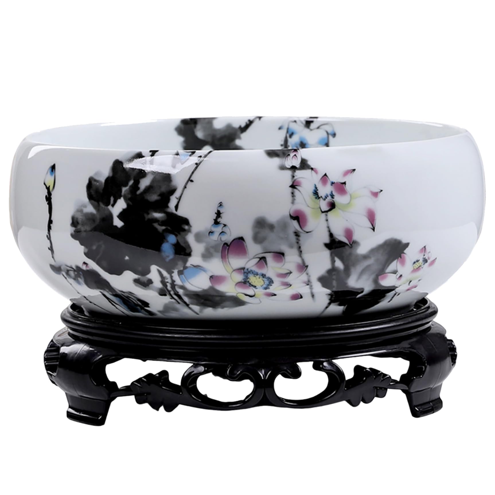 Muzrunq Lotus Planter with Base, Lily Lotus Bowl Planter, Ceramic Water Decorative Round Flowerpot Hydroponic Container for Garden, Balcony, Office.
