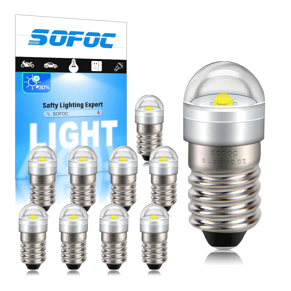 SOFOC E10 LED Torch Bulb 6-30V AC/DC 6000K White Decorative Light DIY Indicator Lamp Outdoor/Bicycle Headlamp Penlight for Maintenance 10Pcs