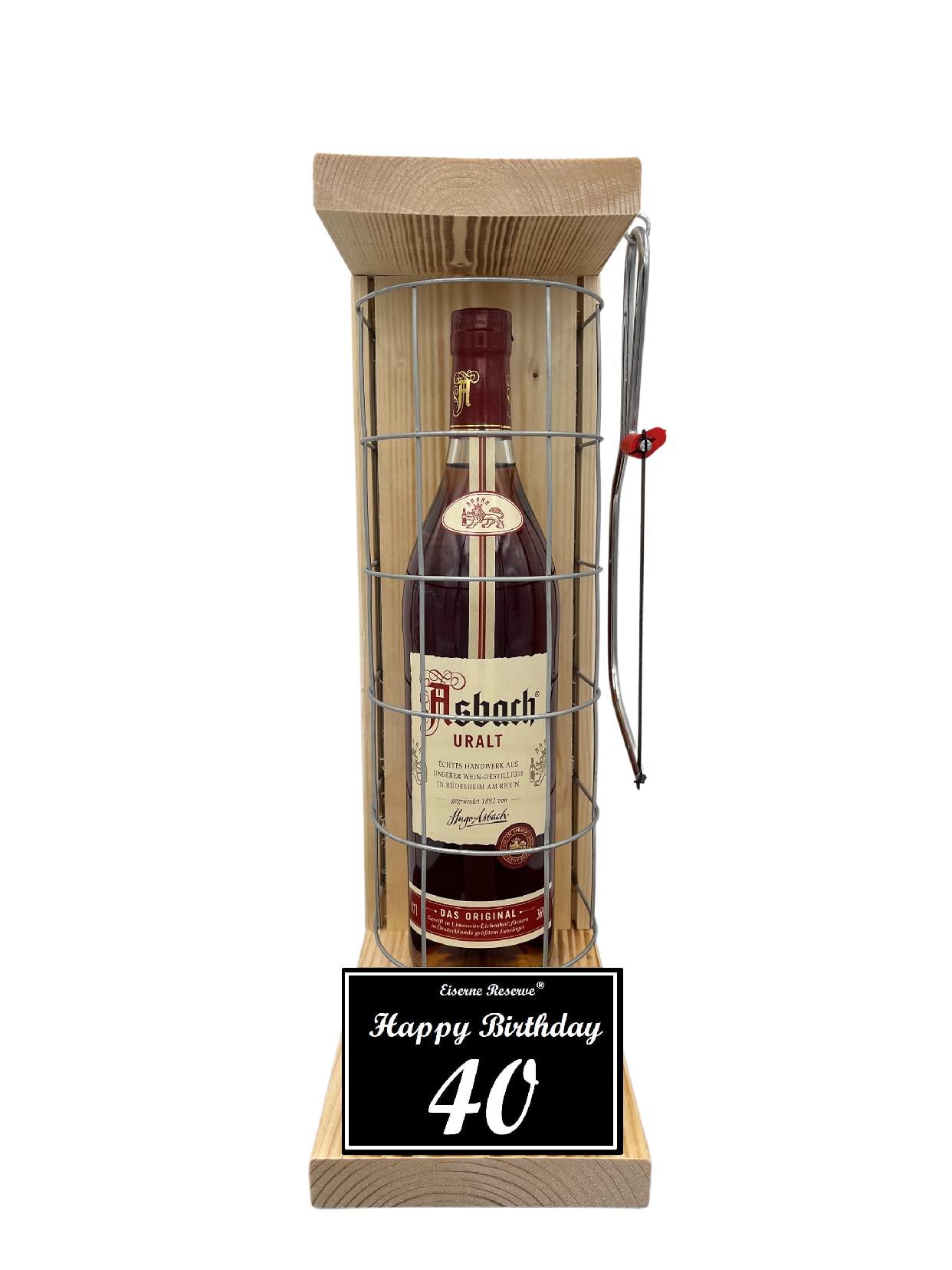 Asbach Uralt - Geschenk 40 Geburtstag Geschenkset Eiserne Reserve Gitterkäfig incl. Säge Text s/w 40 Happy Birthday Brandy (1 x 0.70 l)