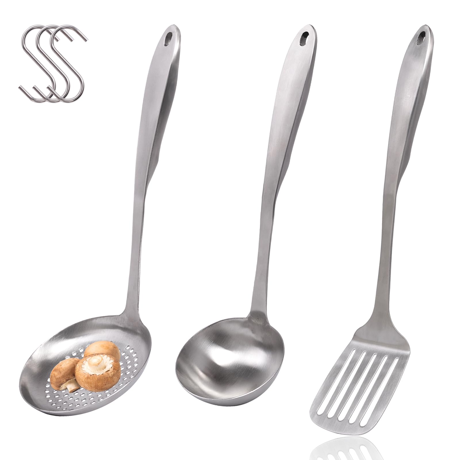 Kitchen Utensils Set, 3-Piece Cooking Utensils with Spatula, Soup Ladle, Strainer Skimmer, 304 Stainless Steel Kitchen Tools, Long Handle Metal Cooking Tools, Dishwasher Safe