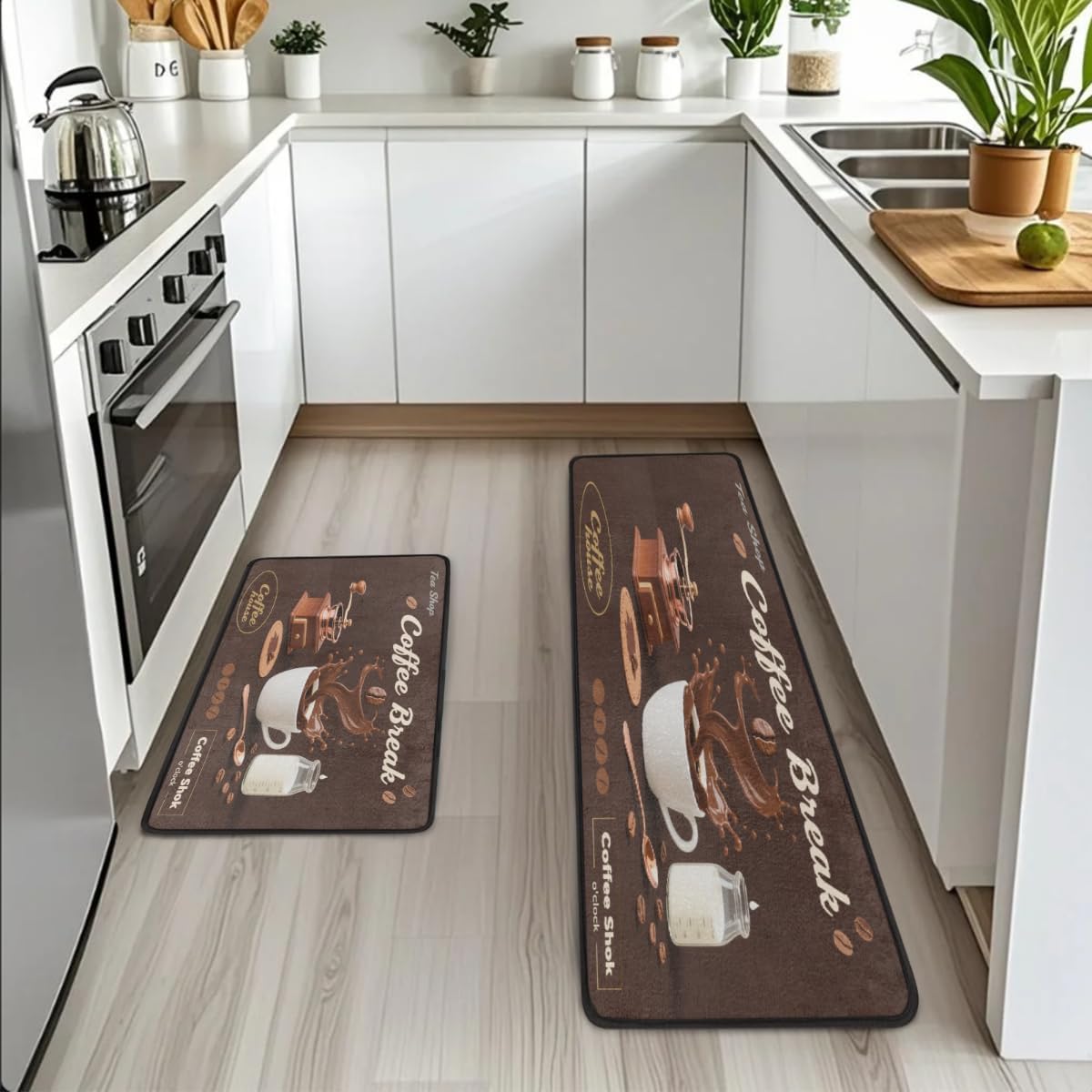 Anti Fatigue Copper Coffee Grinder Kitchen Mats for Floor 2 Piece Set, Waterproof Non Slip Boho Kitchen Floor Rugs, Comfort Standing Mat for Sink Laundry & Home Kitchen 17"x47"+17"x29"
