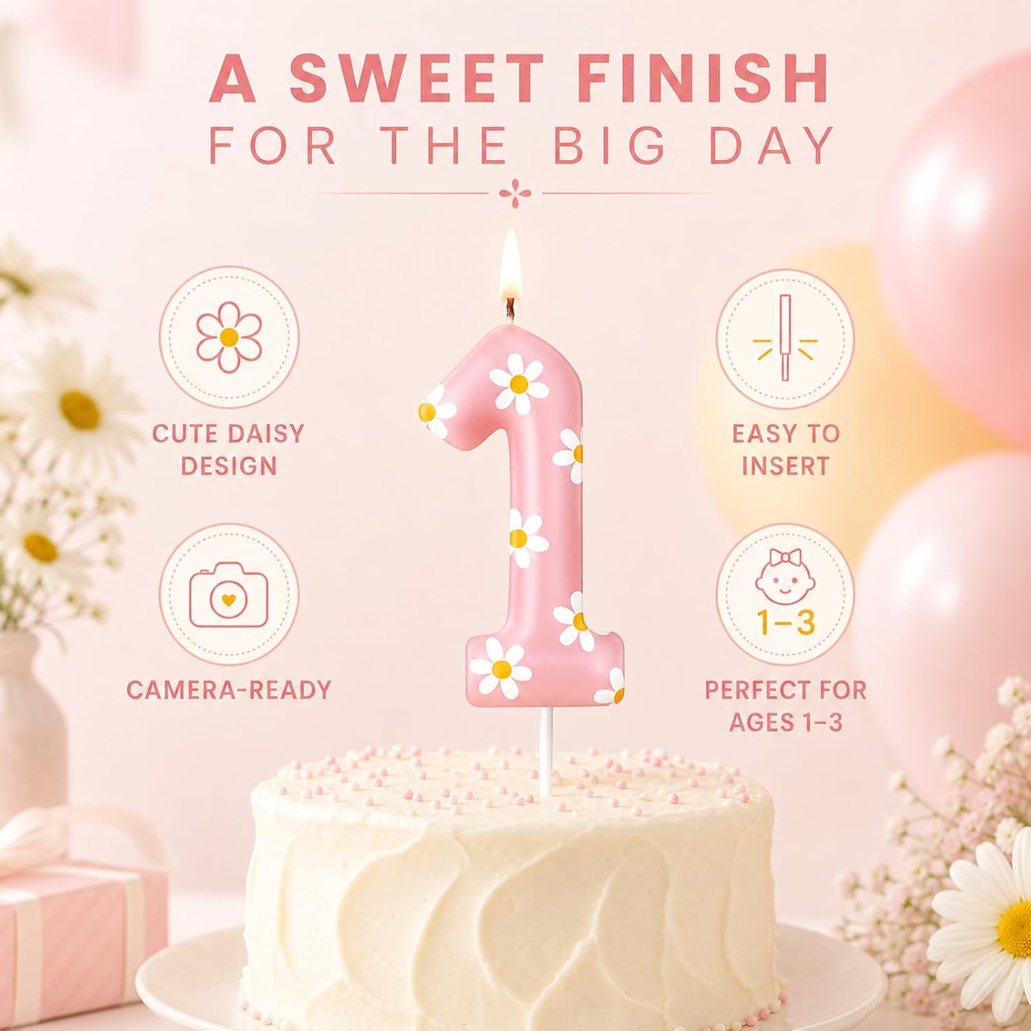 Conelist Daisy Birthday Candle Number Cake Topper Girl, Pink, Number 1