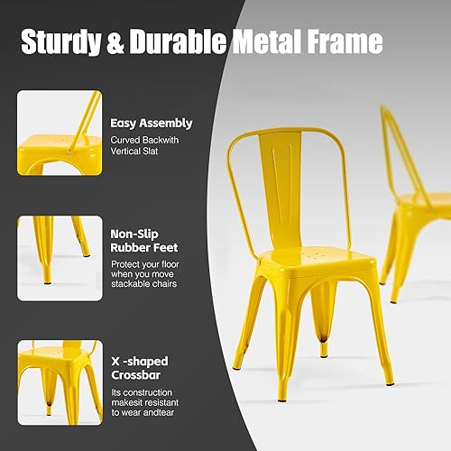 Miniatura 4 de Sillas de comedor de metal amarillas Set de 4 Sillas industriales apilables Adecuadas para comedor interiorexterior, cocina, restaurante, café Daisy