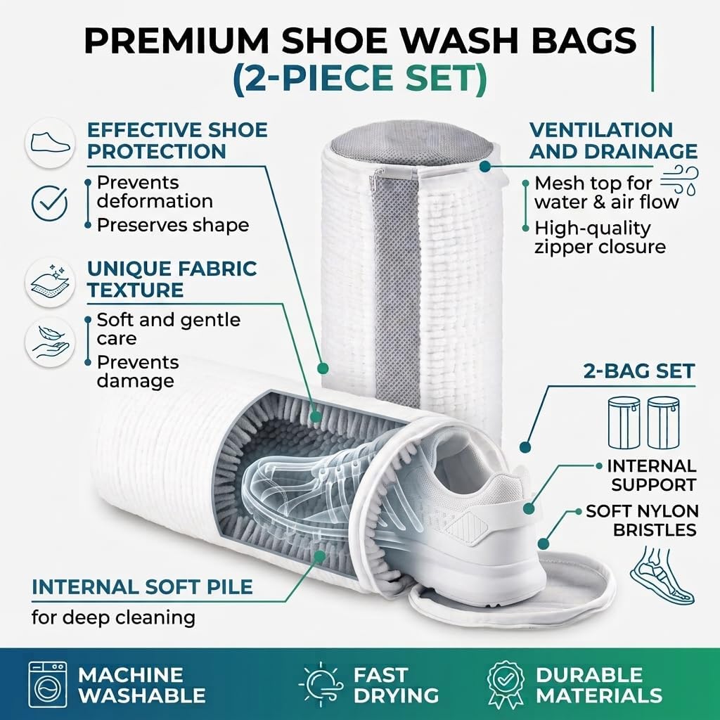 Shoe Washing Machine Bag - 2pcs - Laundry Shoe Bag for Washer and Dryer - 2pc Reusable. Sneaker Cleaning Sack for All type. Adjustable & Reusable, 360° Deep Clean, Chenille Microfiber. 8 in 1.