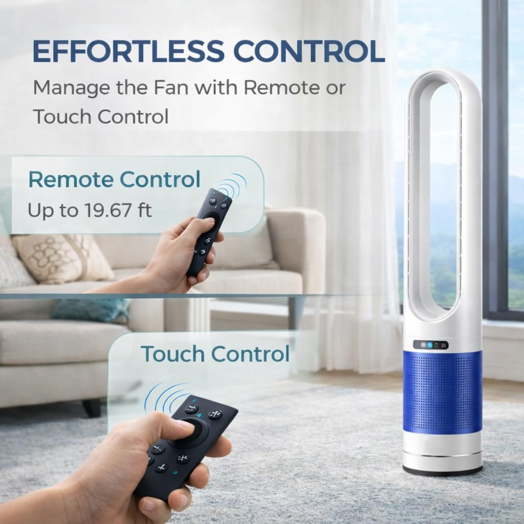 41" Bladeless Tower Fan with Air Filter, 80° Oscillating Standing Fan with Remote Control, 8 Speed Settings, 8H Timer, LED Display Quiet Cooling Fan for Bedroom, Living Room, Office,Blue/White