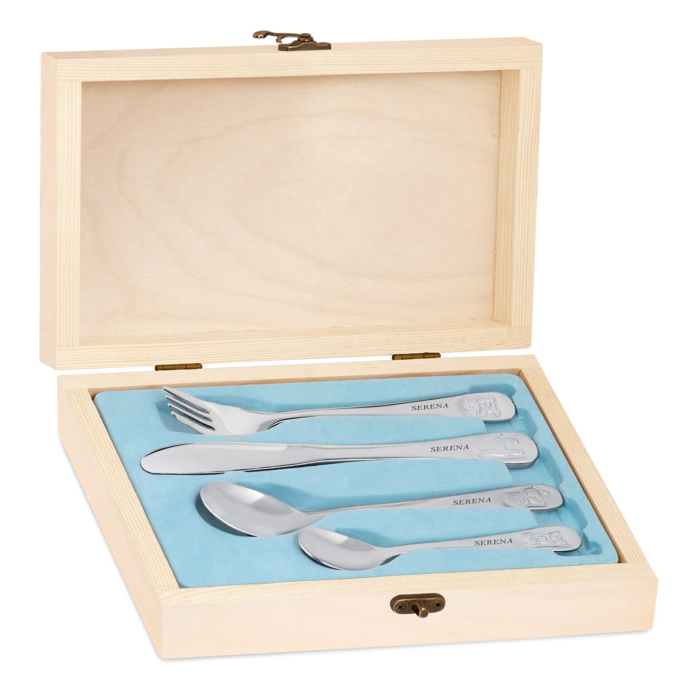 Maverton Set di 4 posate per bambini con incisione + scatola in legno con stampa personalizzata - motivo animali - idea regalo neonata femmina - decorazioni