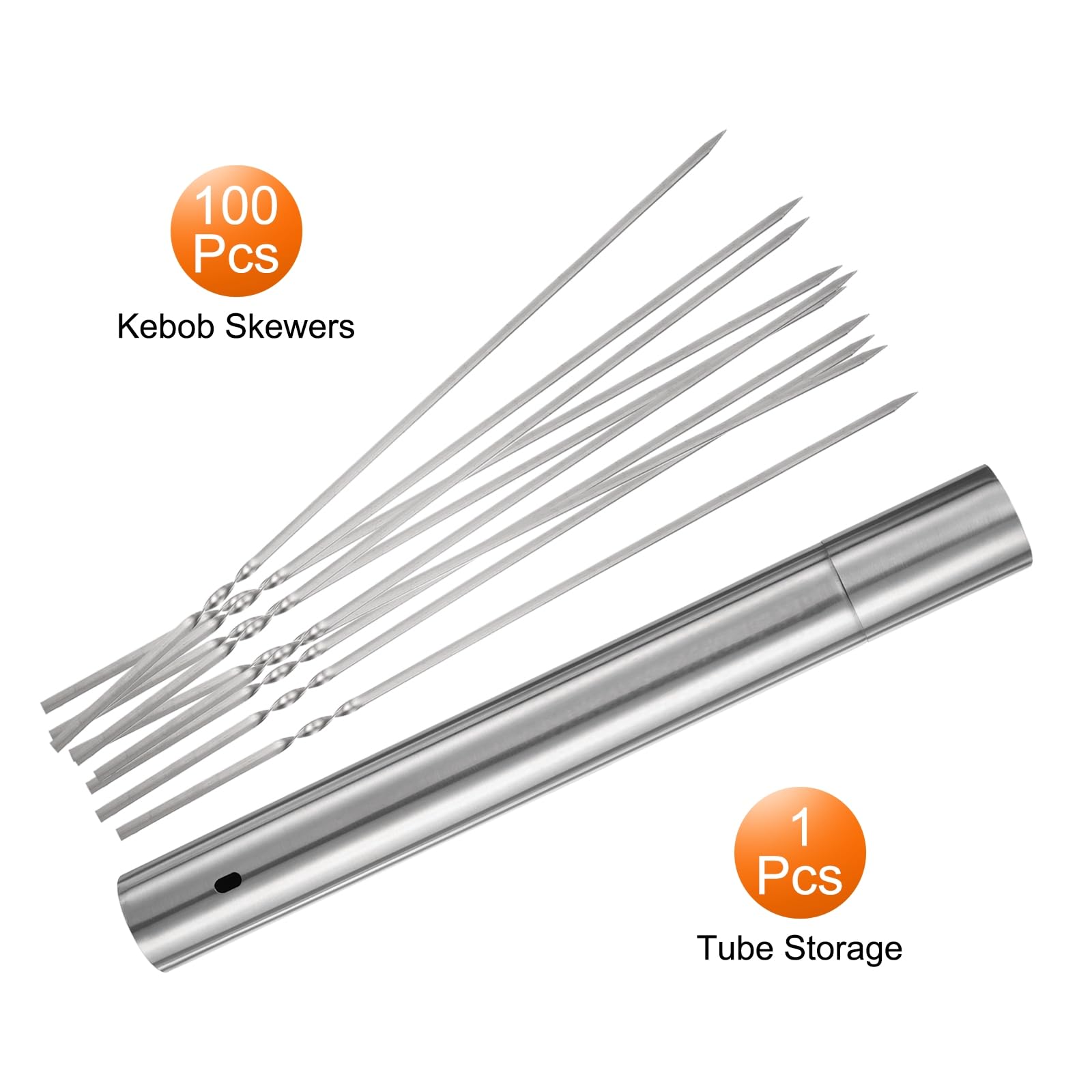 QUARKZMAN 100Pz Spiedini Acciaio 40cm x 5cm Spiedo per Barbecue Kebob Metallo Piatti Acciaio Inox Riutilizzabili Bastone Griglia Arrosticini Aperto Tubo Stoccaggio per Carne Frutta Verdura