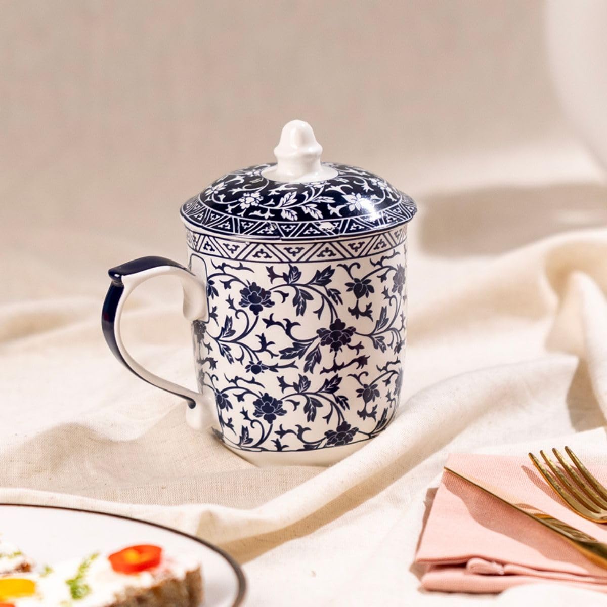 GOLDEN QUEEN'S Ceramic Coffee Mug – 300 ml – Elegant Footed Mug for Tea & Coffee – Microwave Safe Mug for Daily Use (Oriental Blue Mug with Lid)-image-47