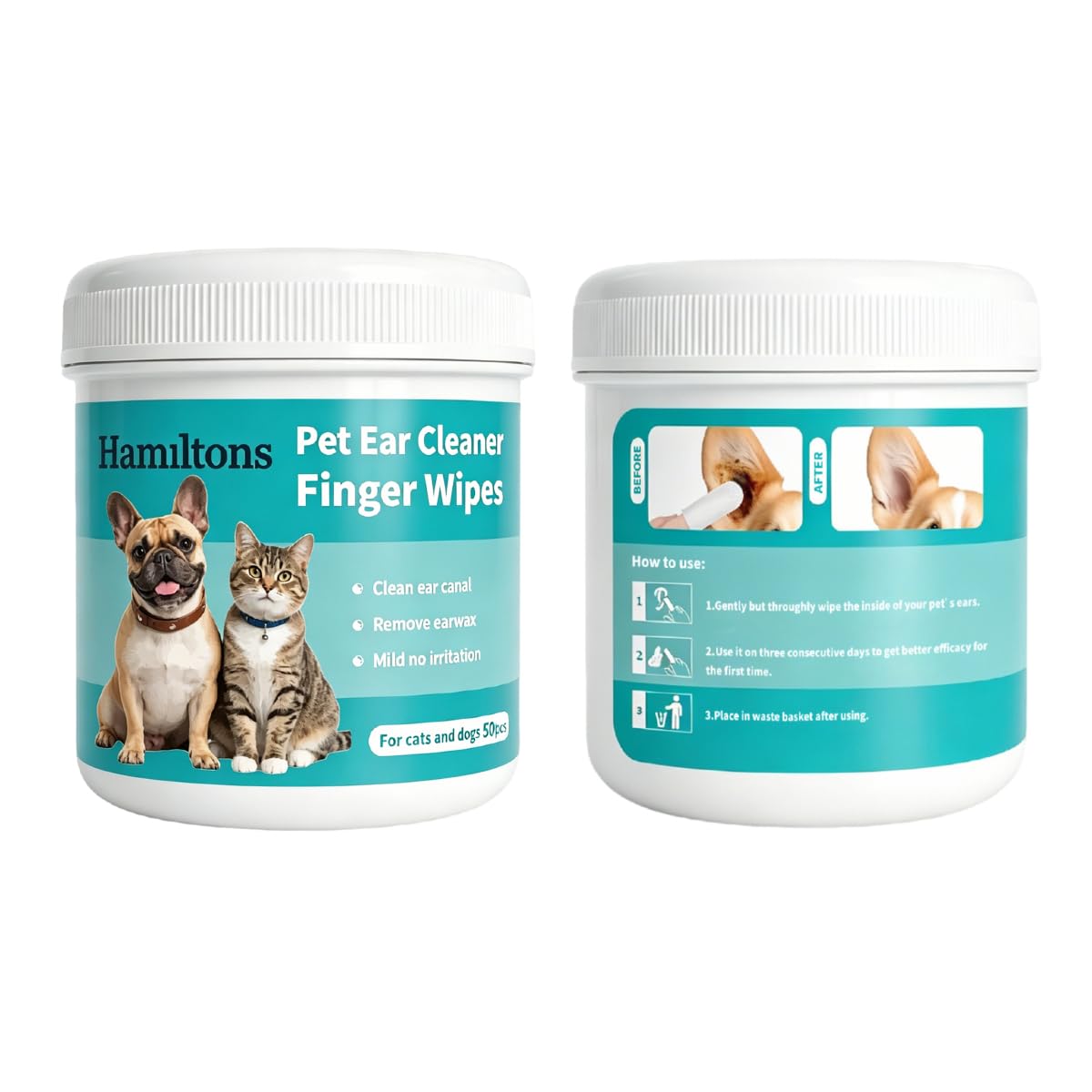 Pet Ear Cleaning Finger Wipes for Dogs & Cats, 100 Pre-Moistened Pads