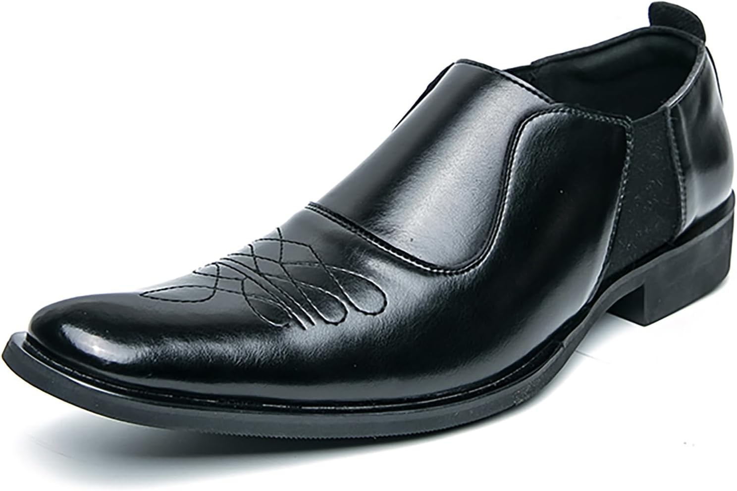 Men's Leather Embroidery Plain Toe Formal Dress Loafers Comfortable Square Toe Low Chunky Heel Classic Slip-on Penny Loafers for Business Casual Driving Work Oxfords