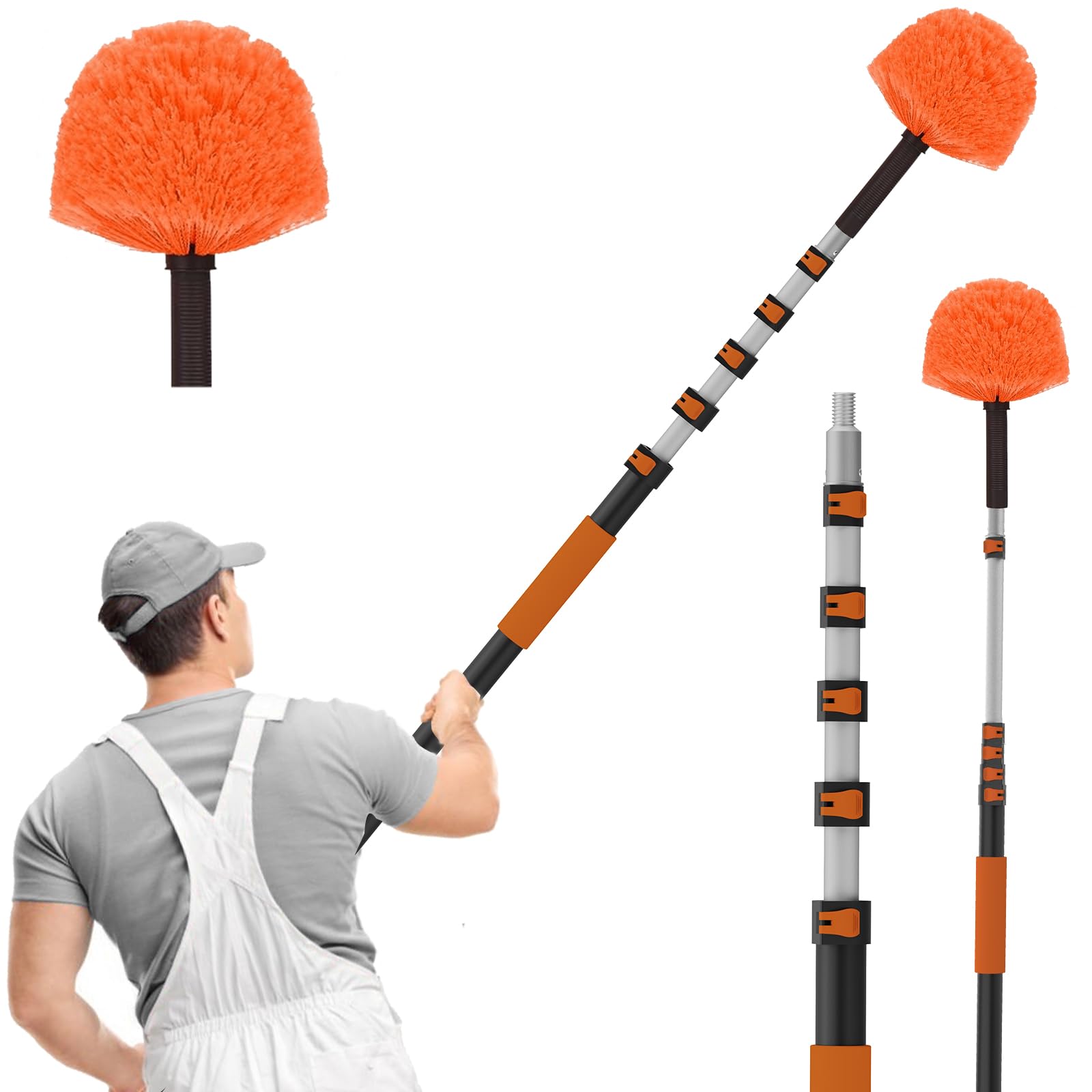 Sisupassie Orange 7.2M Feather Duster Extendable, Professional Telescopic Cobweb Brush With Extra Long Handle, Washable Spider Web Cleaner For Spider Web Remover, High Ceilings And Roof