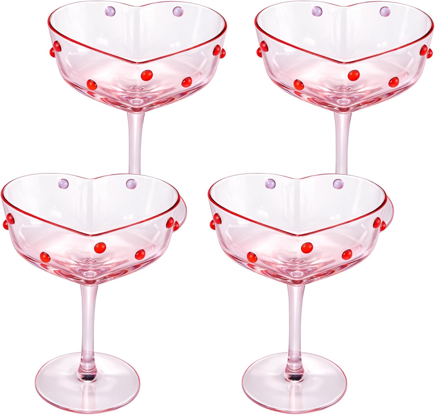 2 Pcs 12 oz Valentine's Day Heart Shaped Pink Martini Wine Glasses with Romantic Polka Dots Valentine's Day Gift Couple Glasses Heart Red Dotted Romantic Birthday Wedding Supplies