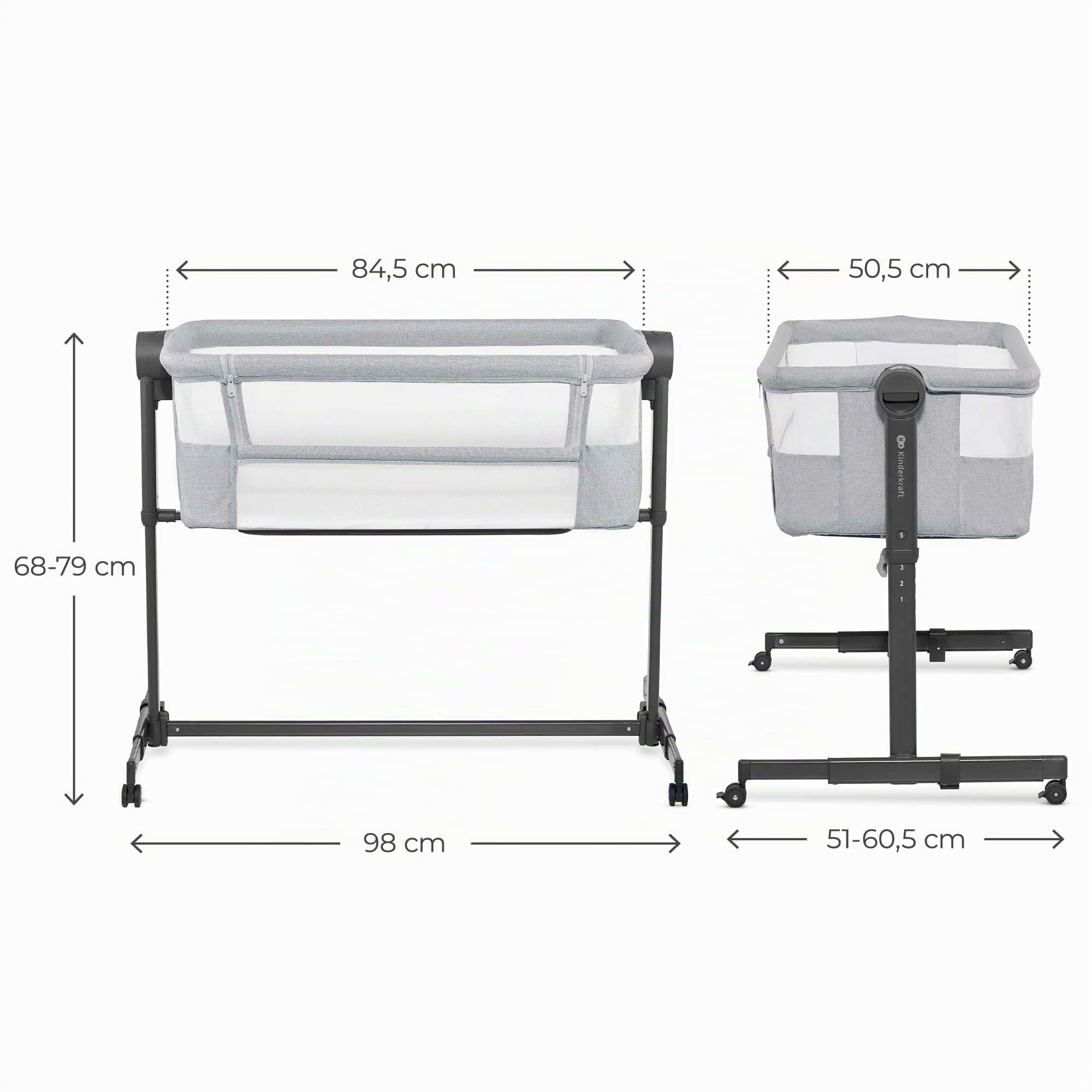 Kinderkraft NESTEE UP 2 Beistellbett 2 in 1, Kinderreisebett mit Matratze Laken, 5-stufige Matratzenhöhenverstellung, 4 Rädern mit Bremse, Weichen Material, Leichte Konstruktion, Grau