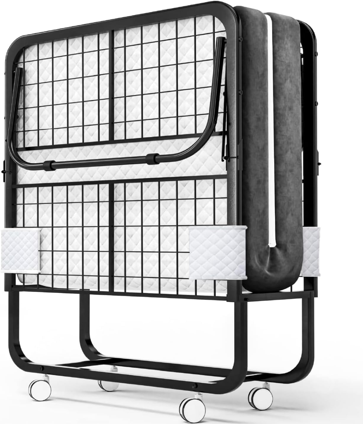 INFINI HOMES Folding Bed 190 x 80cm Rollaway Bed with Mattress, Cot Size Fold Out Bed Extra Guest Bed, Foldable Bed with Memory Foam Mattress and Sturdy Metal Frame on Wheels.
