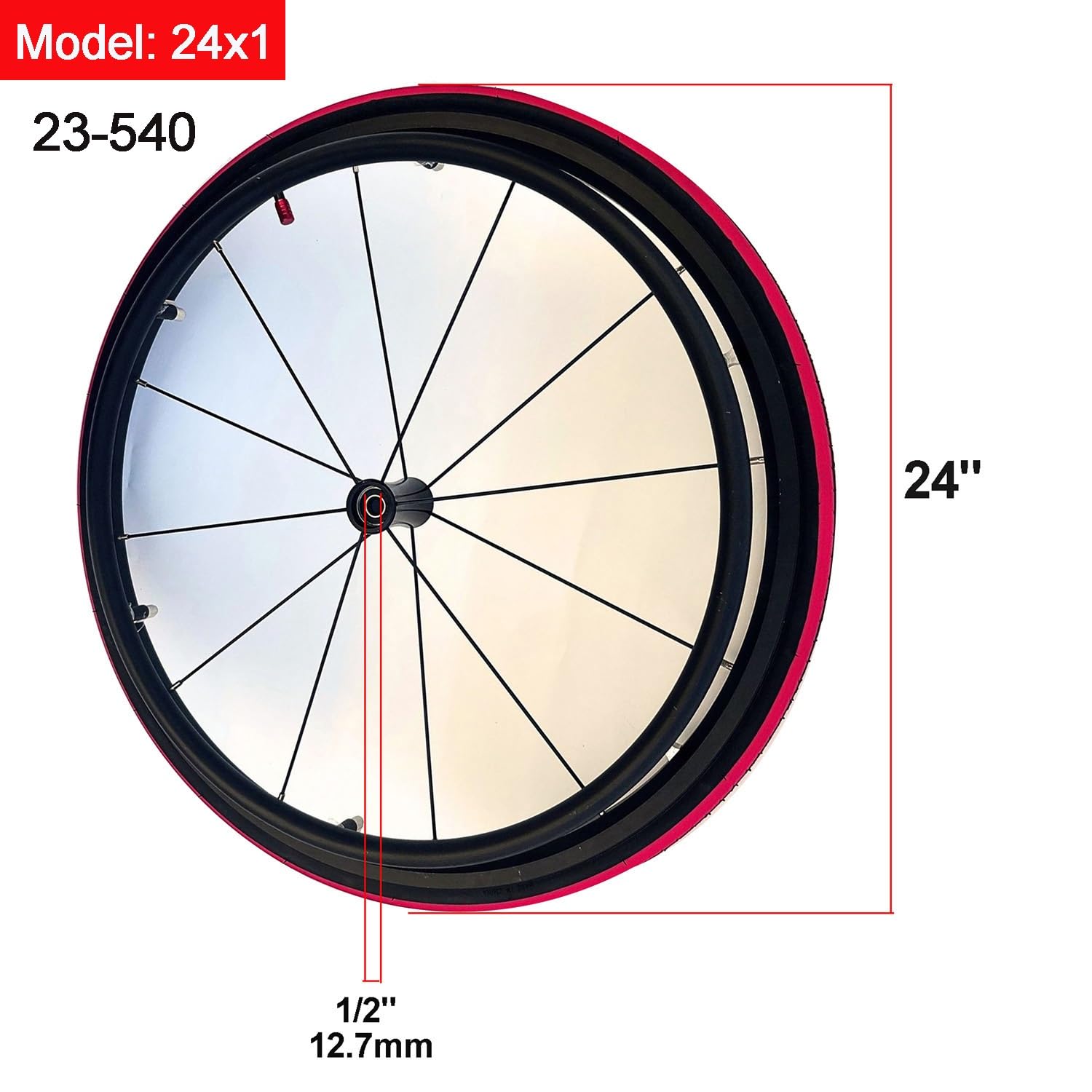 Rueda Trasera de Repuesto para Silla de Ruedas, 24" x 1" (23-540), Neumático para Silla de Ruedas Deportiva, Textura Antideslizante, Rodamiento de 12,7 mm, Color Rojo