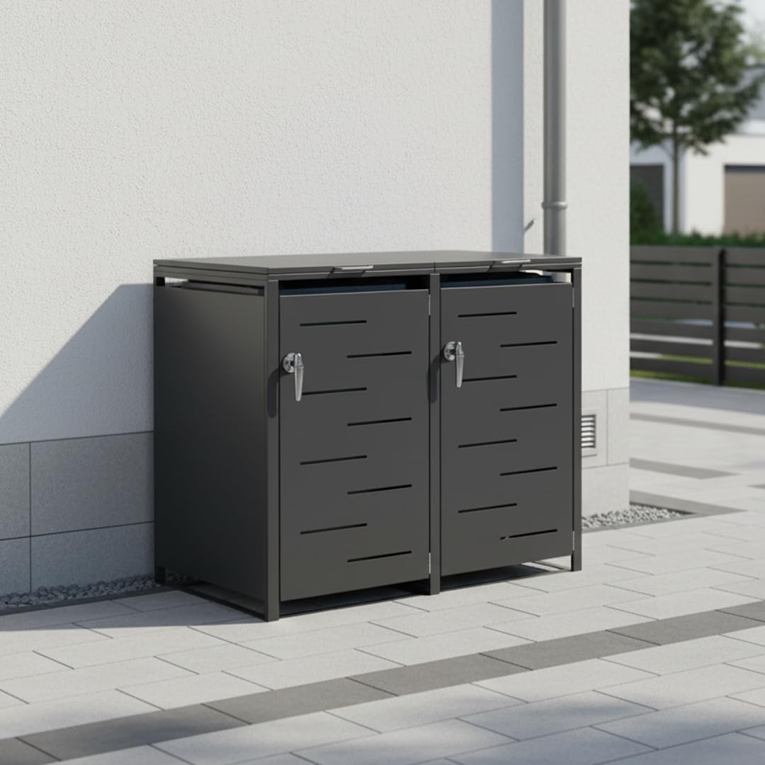 STEELSØN Diorus Mülltonnenbox 2er 120L abschließbar – Hochwertige Mülltonnenverkleidung für 2 Tonnen – Müllbox Stahl – Müllcontainer Schwarz - Mülltonnen Box wetterfest – Gerätebox mit Schloss