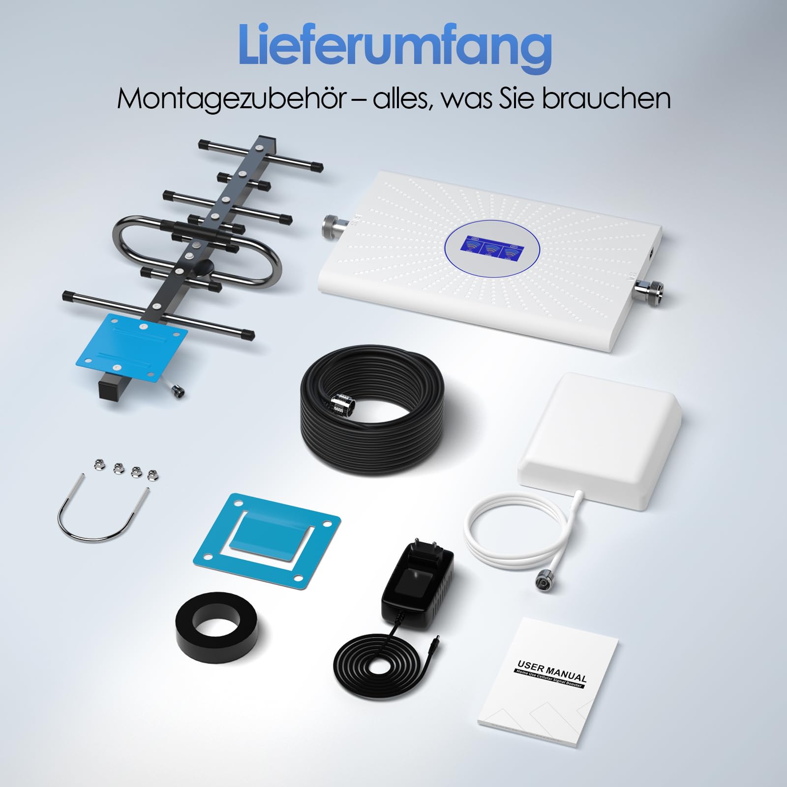 Handy Signalverstärker für Haus Mobilfunkverstärker 900/1800/2100MHz GSM LTE Repeater für Telekom Vodafone O2 70dB DREI-Band-Verstärker mit Yagi Außenantenne LCD-Anzeige für Home Office