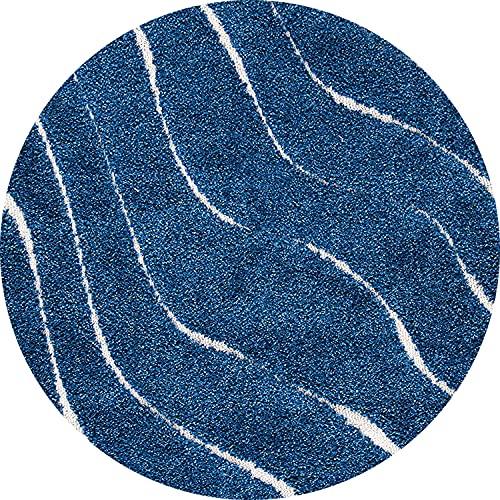 Image of Abstract Wavy Design Round Shaggy Carpet for Living Room, Bedroom, High Low Design Finish Microfiber 1.8 Inch Pile High, 5x5 Feet Blue|Cream Color