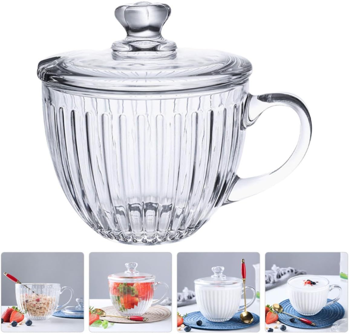 Uonlytech Portable Glass Breakfast Cup with Cover, Large Capacity Cereal Bowl for Milk and Yogurt, Single Serving Glass Bowl with Handle, for Home and Bars, Simple Style with Fine