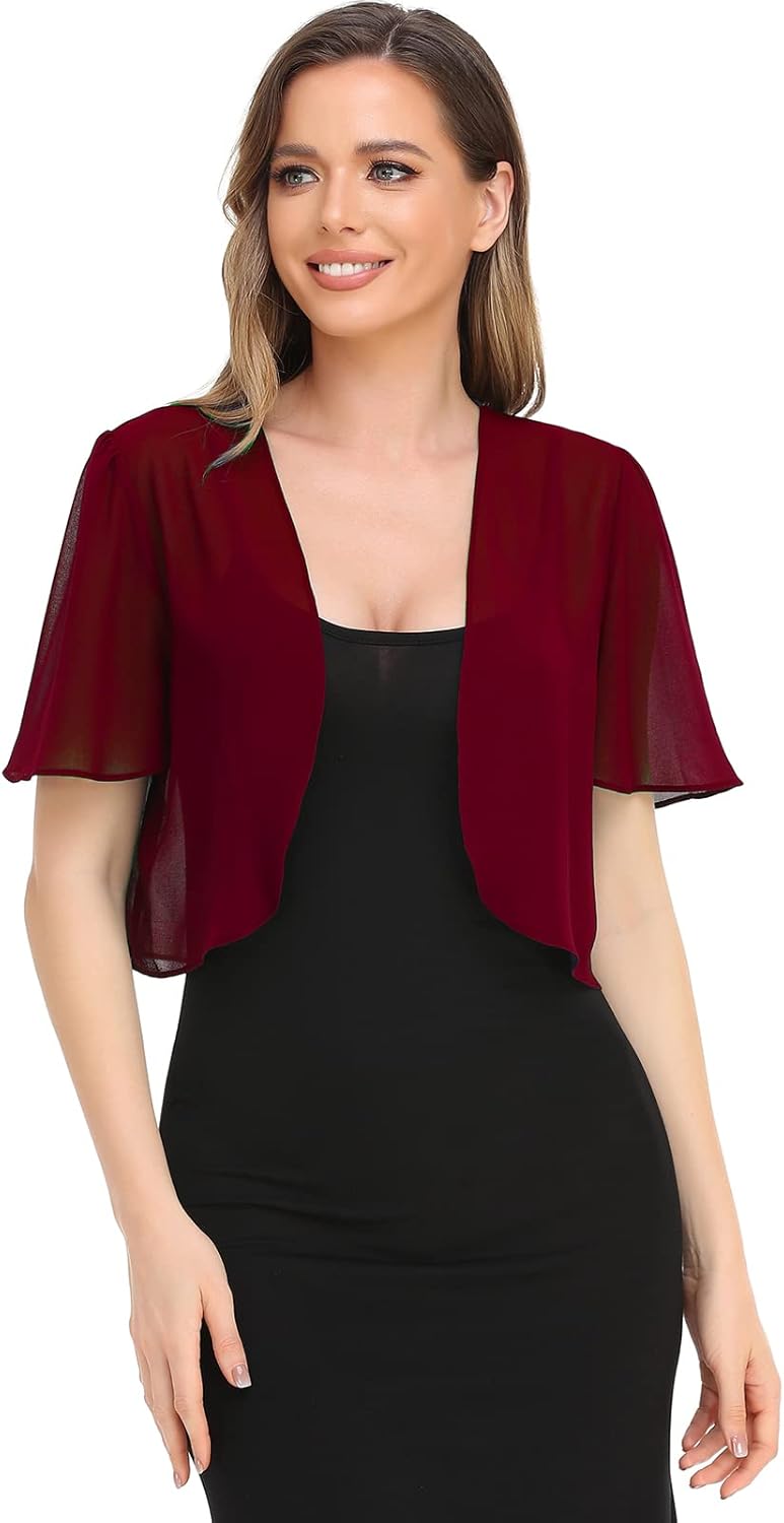 Women Bolero Shrug Soft Chiffon Open Front Sheer Short Sleeve Cropped Cardigans for Evening Dress - Image 3