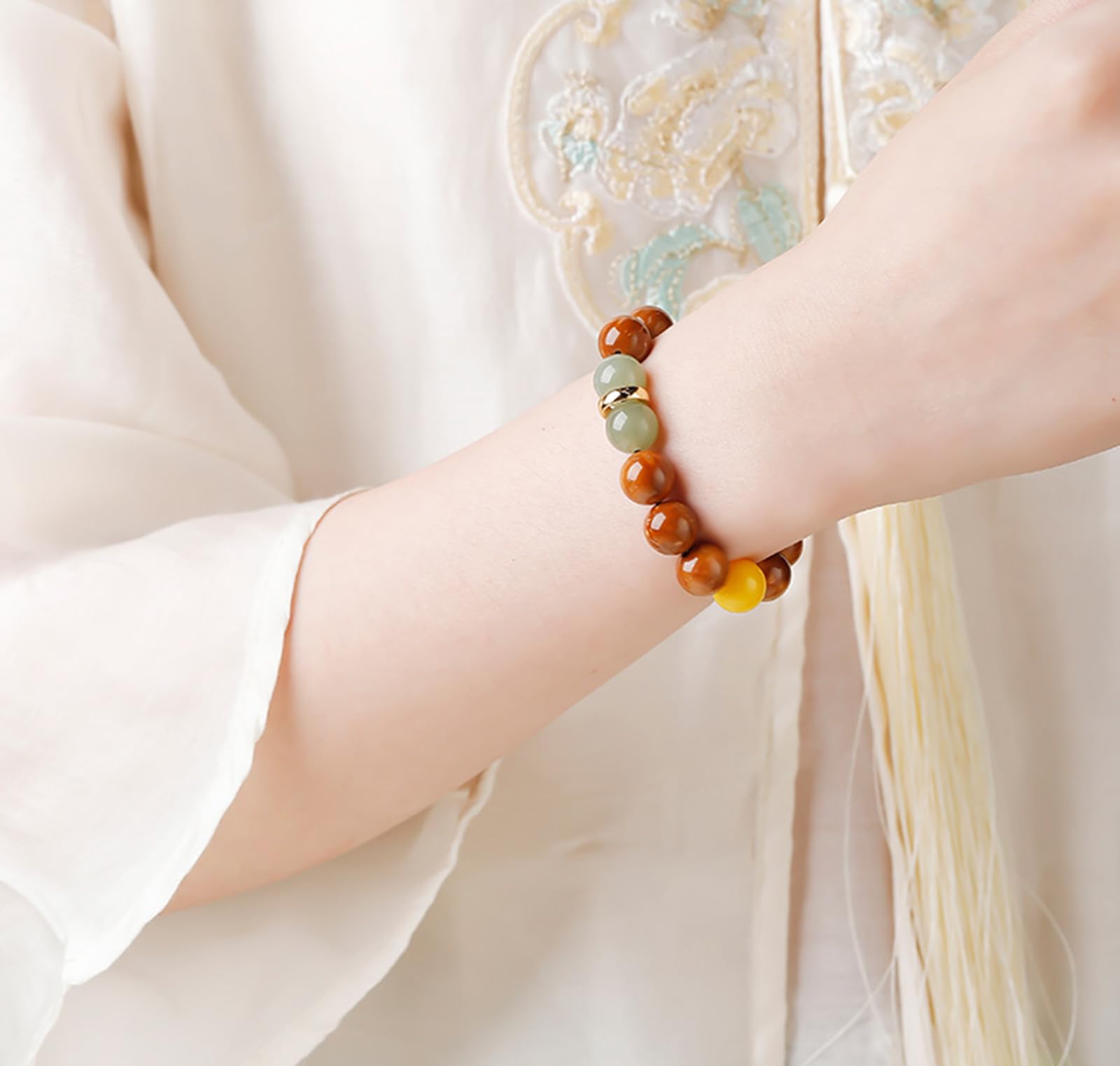 Pulsera de Cuentas de la Suerte de Jade hetiano y kukers Naturales para Mujer | Amuleto de ámbar, Palisandro y sándalo | Nueva joyería Zen de Estilo Chino,8mm