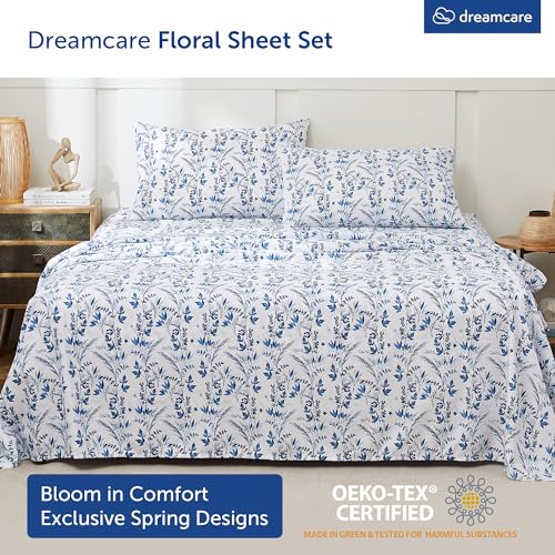 Image of DREAMCARE Queen Sheet Set - 4 pcs Breathable Cooling Sheets - up to 15 inch Deep Pocket Queen Sheets Set with Side Pockets - Extra Soft 100% Brushed Hypoallergenic Hotel Luxury Bedding - Floral Blue