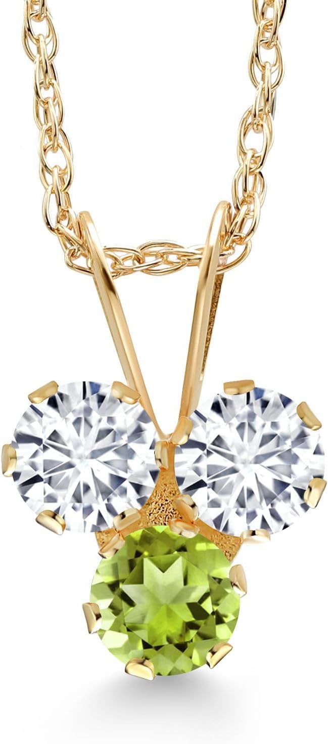 Gem Stone King 14K Yellow Gold White Lab Grown Diamond and Green Peridot 3-Stone Pendant Necklace For Women (0.32 Cttw, Gemstone April Birthstone, Round 3MM, 18 Inch Chain)