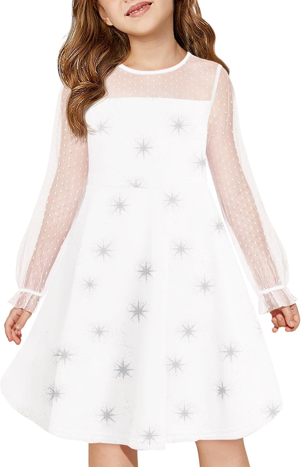 Haloumoning Girls Contrast Mesh Long Sleeve High Waist A Line Short Dress with Pockets 4-14 Years