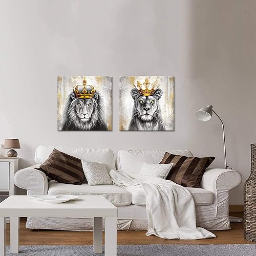 Miniatura 4 de DuoBaorom 2 piezas de lienzo de león y leona de animales rey, arte de pared de león con corona dorada, imagen gris y dorada, impresión giclée,