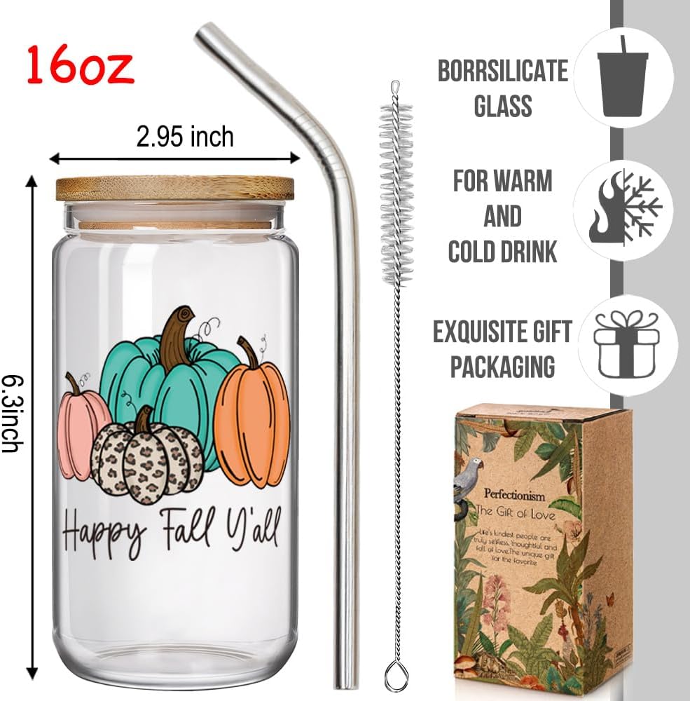 Happy Fall Yall Pumpkin 16oz Glass Cups with Lids and Straws Gifts for Women Best Friend Bestie, Autumn Kitchen Iced Coffee Tumbler, Thanksgiving Tumbler Mug, Fall Gifts, Halloween Pumpkin