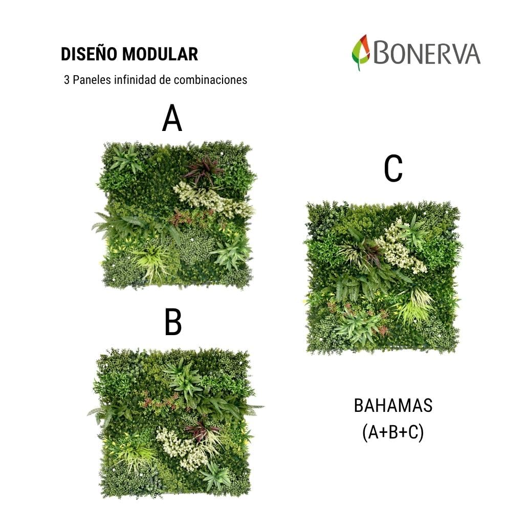 Bonerva Jardín Vertical Artificial Bahamas 3m², Pack 3 Paneles 100x100 cm, Muro Vegetal Verde Decorativo con Protección UV Interior Exterior