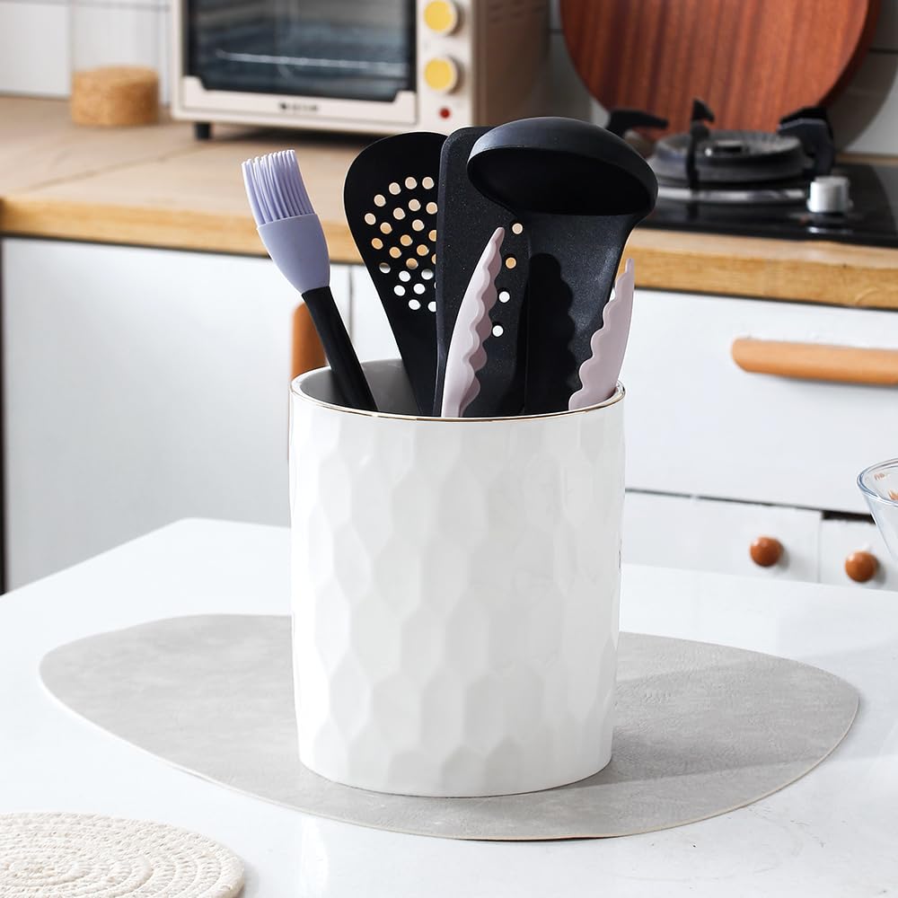 Porte-ustensiles Métal Doré QIQAA - 12.7x12.7x17.8cm Base Marbre