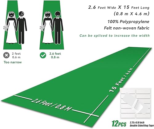Miniatura 3 de EZLucky Alfombra verde para fiesta, 2.6 x 15 pies, fieltro no tejido de 130 GSM con adhesivo de doble cara sin rastros, camino de pasillo para