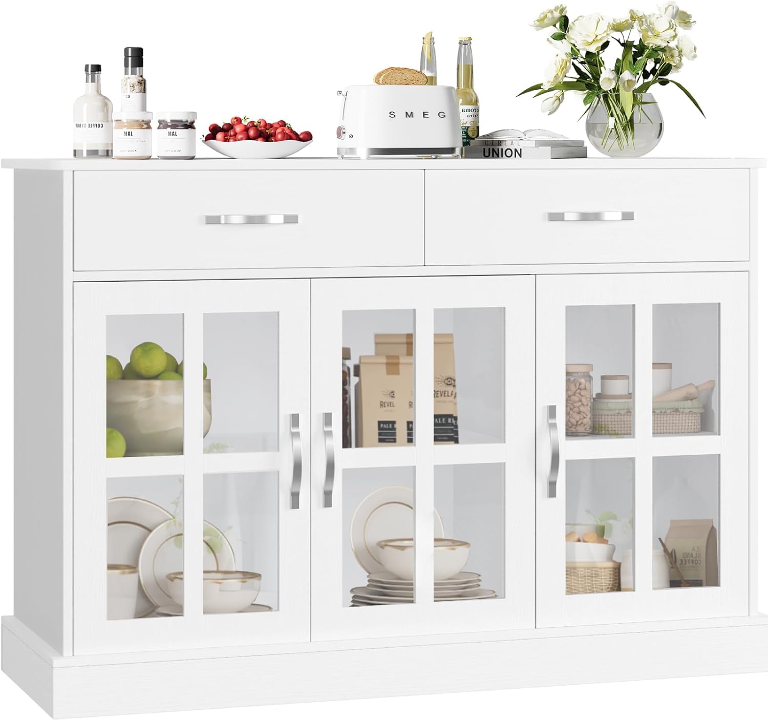 FirFurd Aparador Cocina con 3 Puertas de Cristal, Vitrina Salón, Muebles de Cocina, Aparador Comedor, Armario Buffet con 2 Cajones, Estantes Ajustables, Blanco 120x40x84cm