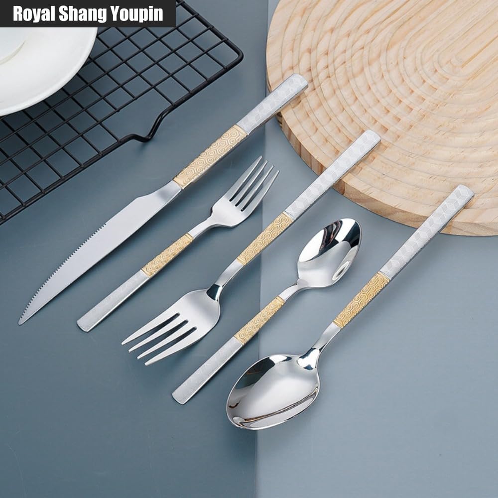 Electroplating Engraving Patterns Handle Kitchen Stainless Steel Silverware Tableware Flatware Cutlery Set Steak Knife Fork Spoon Teaspoon (20 pieces)