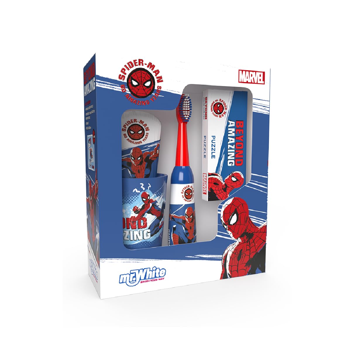 Spiderman Kids Oral Care Kit Gift Set Contains Battery Powered Electric Toothbrush with Soft Bristles, Mint Toothpaste, Multi-Purpose Beaker and Amazing Puzzle for Ages 4+