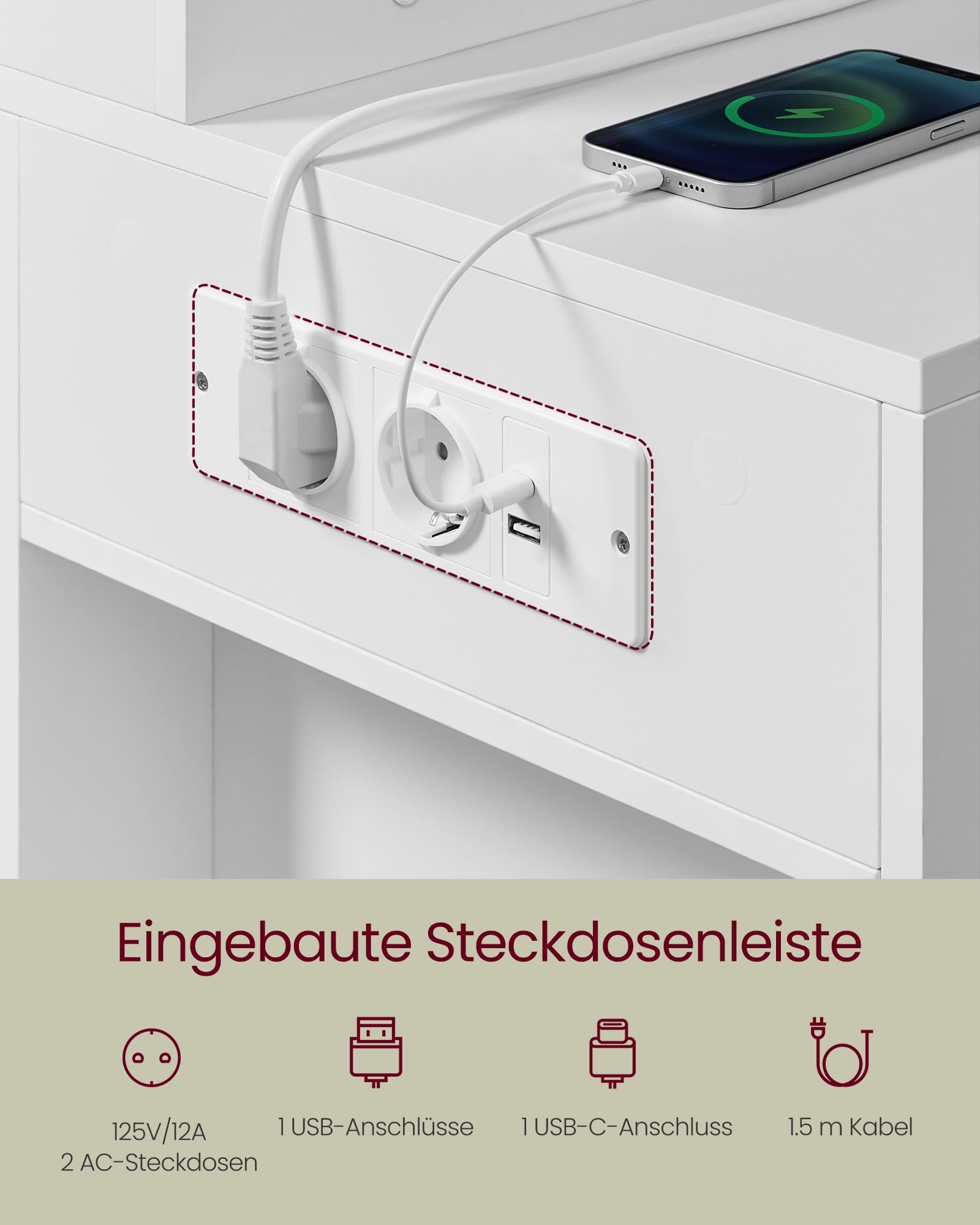 VASAGLE Kailyn Kollektion - Schminktisch mit LED-Beleuchtung, Frisiertisch mit Spiegel, Steckdosenleiste, 40 x 125 x 140 cm, Kosmetiktisch mit Schubladen, wolkenweiß RDT127W01