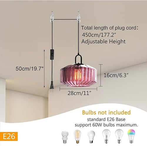 Miniatura 2 de Lámpara colgante de globo de vidrio enchufable, lámpara colgante moderna de mediados de siglo con cable de 14.7 pies, pantalla de vidrio a rayas