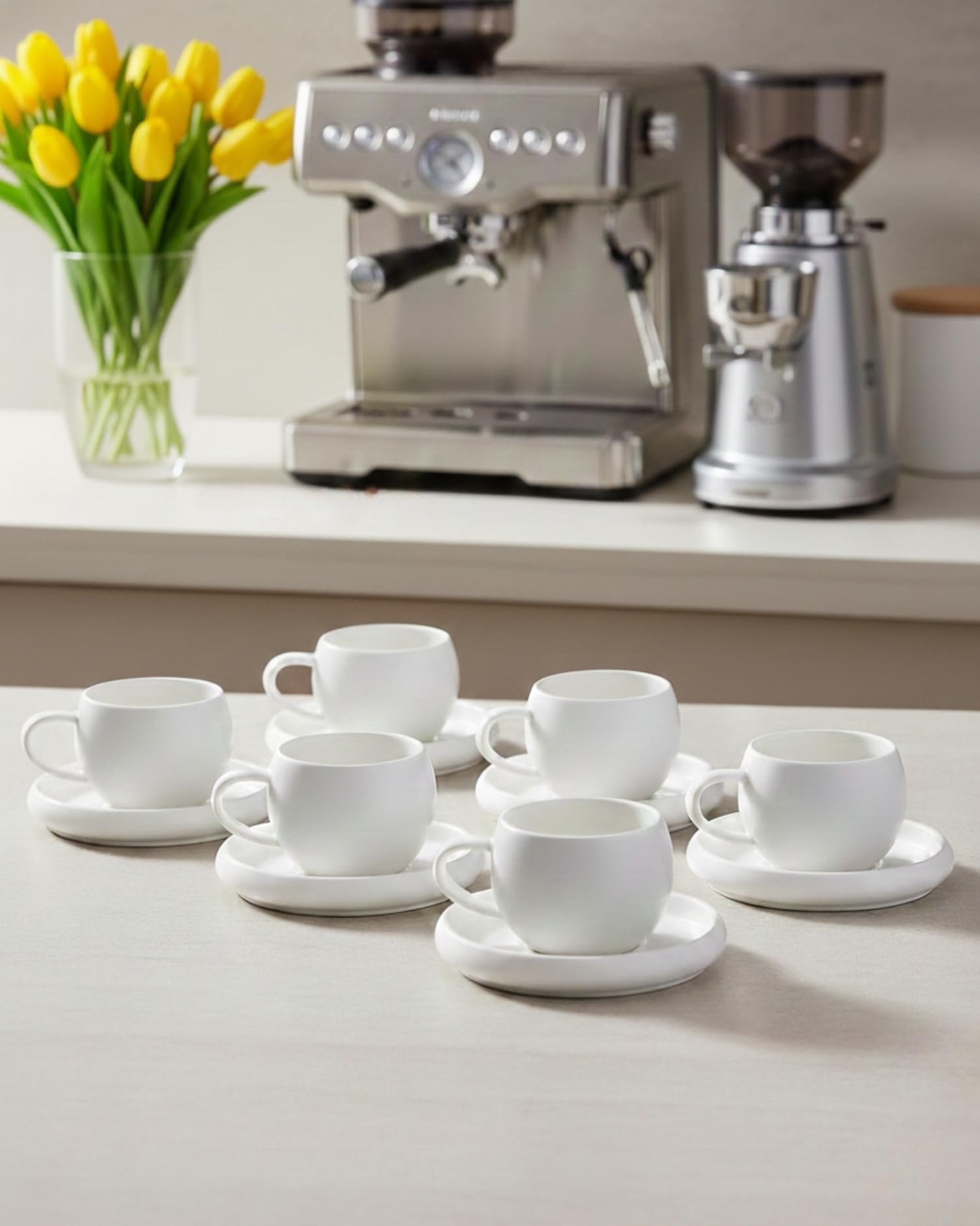 BAVARY Chubby Tasse A Cafe 120ml Avec Soucoupes, 12 Pcs (6 pers.) - Design Blanc Et Anse Ovale - Tasse A The En Porcelaine - Tasse Cafe Et Tasse Cappuccino - Service A Cafe Lave-vaisselle OK