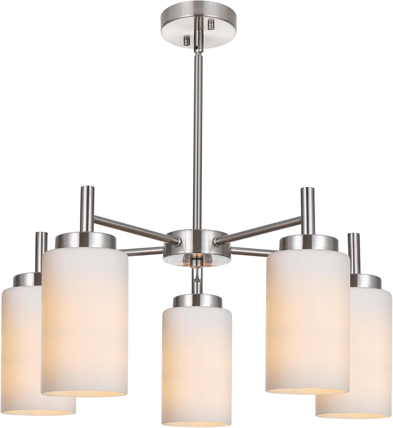 VINLUZ 5-Light Brushed Nickel Chandeliers Lighting Contemporary Modern Pendant Lamp with Opal White Glass Shade Farmhouse Dining Room Lighting Fixtures Hanging Adjustable for Kitchen Island