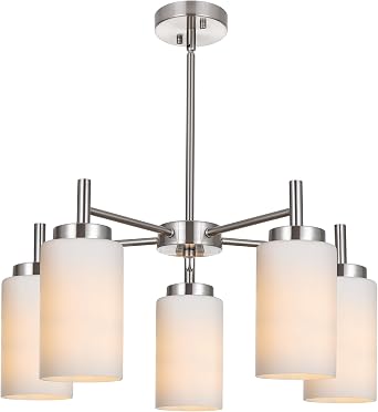 5-Light Brushed Nickel Chandeliers Lighting Contemporary Modern Pendant Lamp with Opal White Glass Shade Farmhouse Dining Room Lighting Fixtures Hanging Adjustable for Kitchen Island