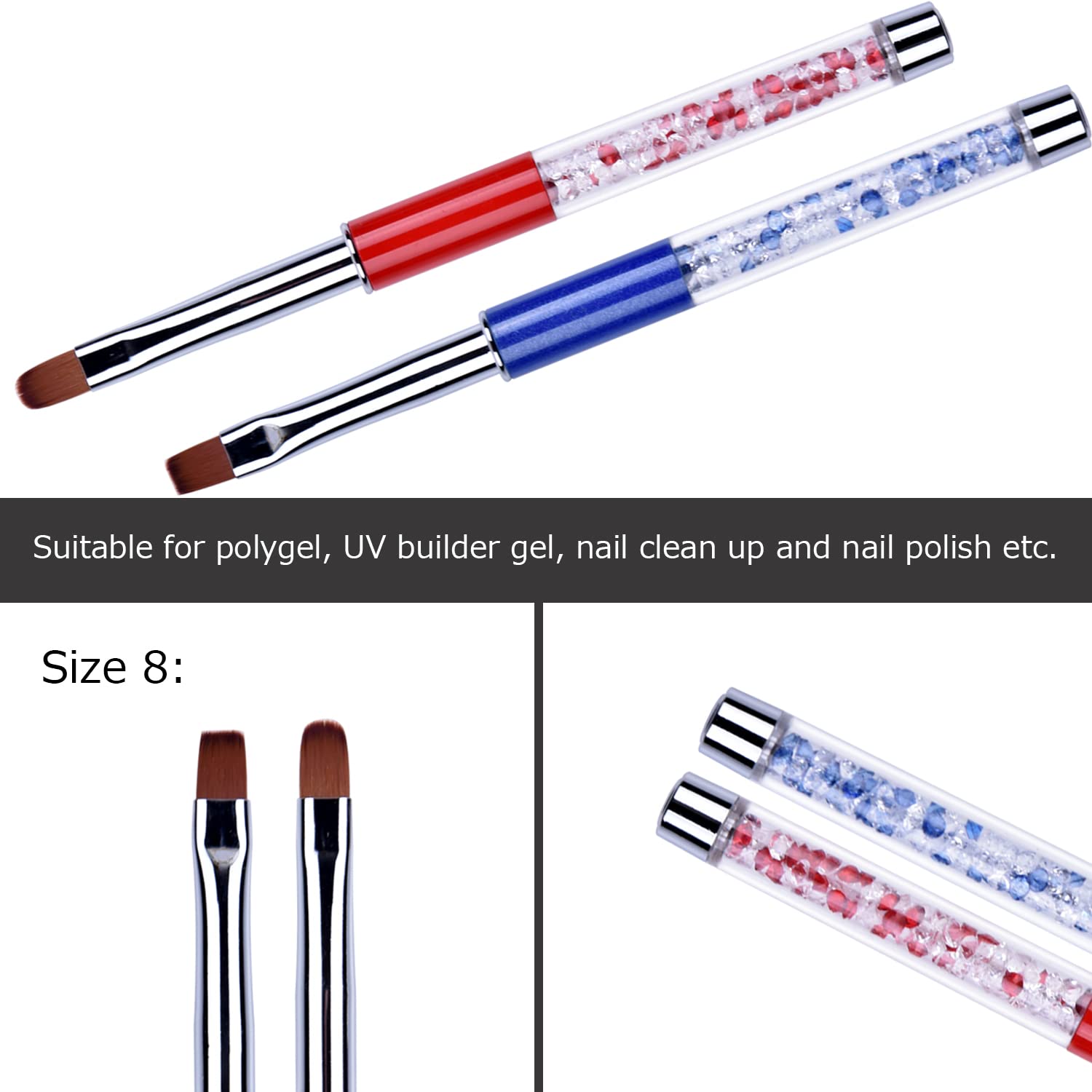 2Pcs Oval & Flat UV Gel Nail Brush Set Rhinestone Handle Professional Nail Art Design Brushes Multi-colored Size 8