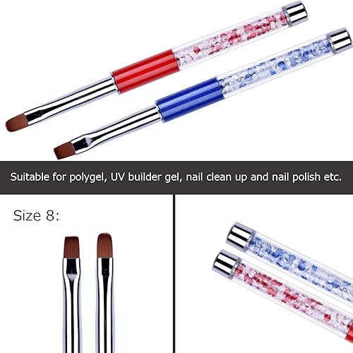 Miniatura 2 de Juego de 2 cepillos de uñas de gel UV ovalados y planos, mango de diamantes de imitación, pinceles profesionales de diseño de uñas, multicolor,
